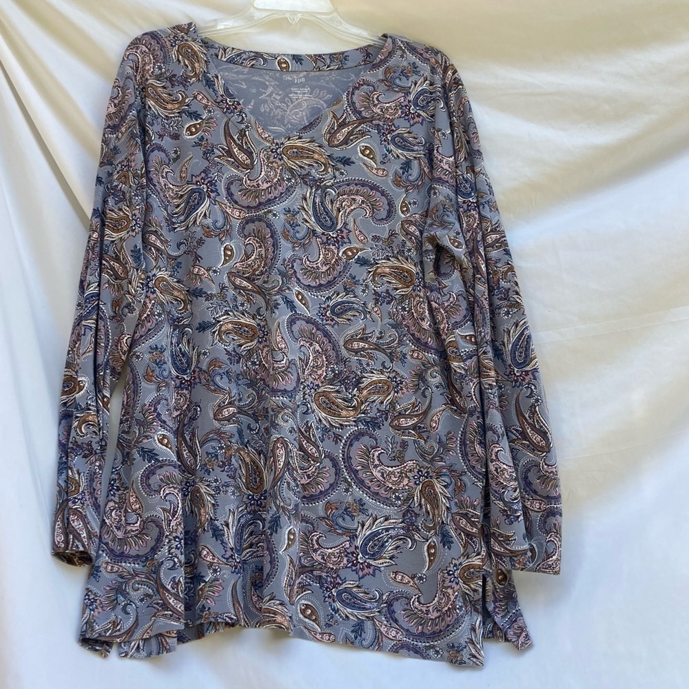 J. Jill Gray Long Sleeve Shirt With Paisley Pattern, Size Large